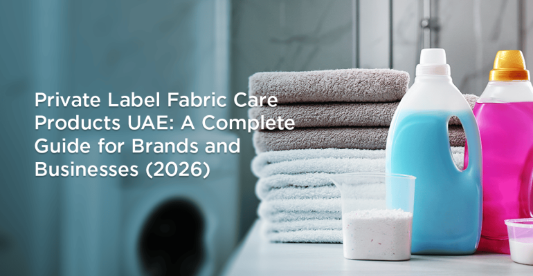Private label fabric care products UAE with laundry detergent bottles and folded towels